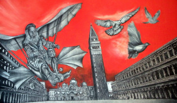 Œuvre contemporaine nommée « Leonard de Vinci vole au dessus de la place Saint Marc », Réalisée par ERIC ERIC